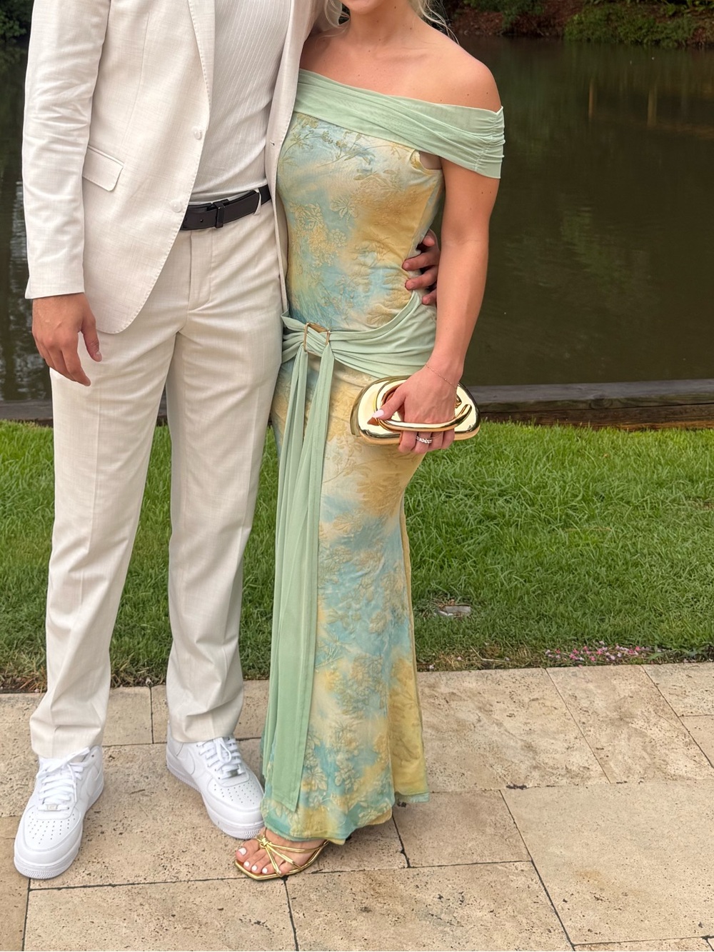 Off-Shoulder Mint and Pastel Yellow Tie-Front Evening Gown